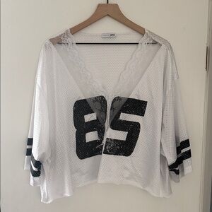 Fashion Nova White and Black Mesh Jersey Top